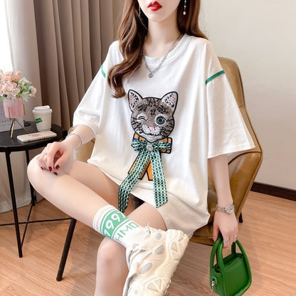 質感のいい 猫刺繍 立体のリボン ロング Tシャツ ゆったり半袖 ＜F-2919＞