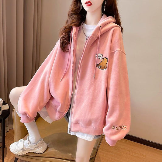 【裏起毛】可愛いクマちゃん厚手フルジップパーカー二色ありF-4677
