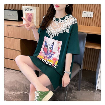 新商品 透かし彫り キュート レース 切り替え ゆったり 半袖Tシャツ＜F-8472＞