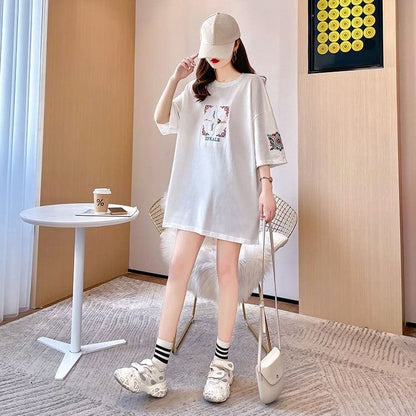 質感のいい 刺?Tシャツ ラウンドネック 白 黒 ゆったり半袖＜F-3013＞