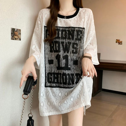 超人気 アバンギャルド 絶対流行 レース プリント全2色 半袖TシャツF-8798