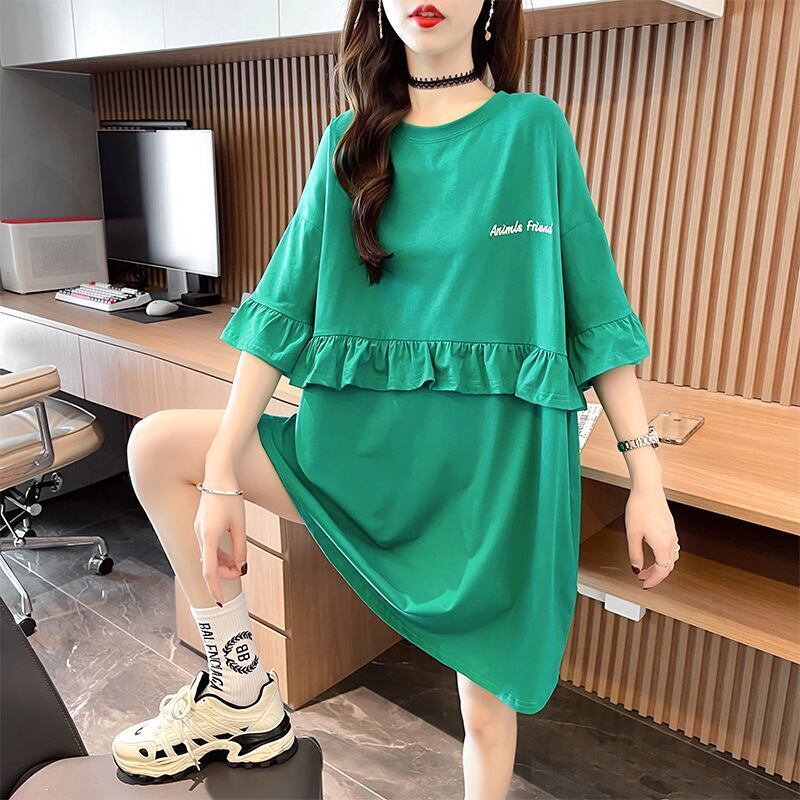 【半額！期間限定！！】合わせやすい 切り替え フリル プリント Tシャツ ゆったりワンピース＜F-3008＞