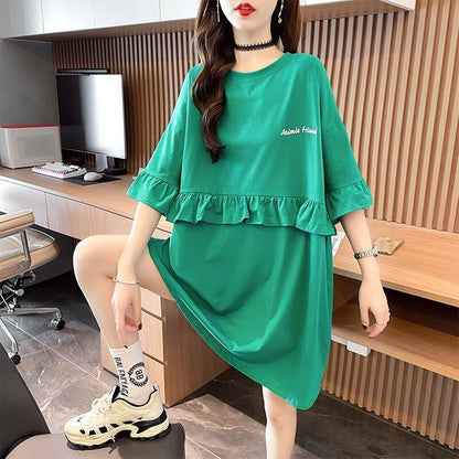 【半額！期間限定！！】合わせやすい 切り替え フリル プリント Tシャツ ゆったりワンピース＜F-3008＞