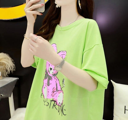 背中開きルーズオールマッチミドル丈ラウンドネック半袖Tシャツ<F-3027>