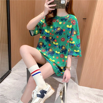 キラキラ大人気！西洋風漫画象プリント半袖Tシャツ<F-2932>