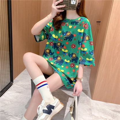 キラキラ大人気！西洋風漫画象プリント半袖Tシャツ<F-2932>