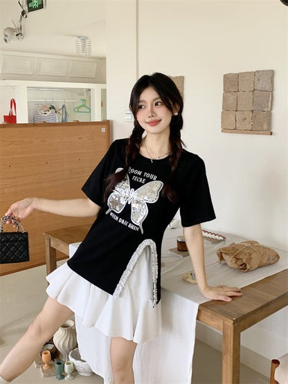 絶対欲しい キュート 超人気 ピンク プリント スパンコール 3色選択 半袖Tシャツ＜F-8570＞