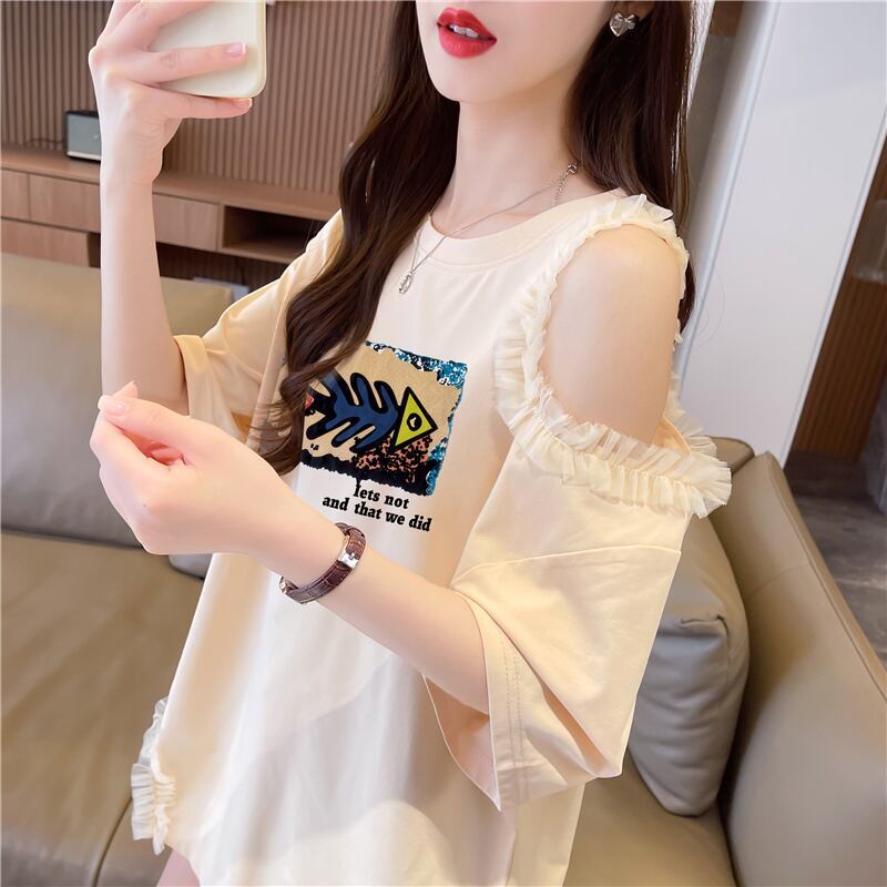 おしゃれ度高め レース 美人度アップ 切り替え プリント全4色 Tシャツ カットソー＜F-9213＞