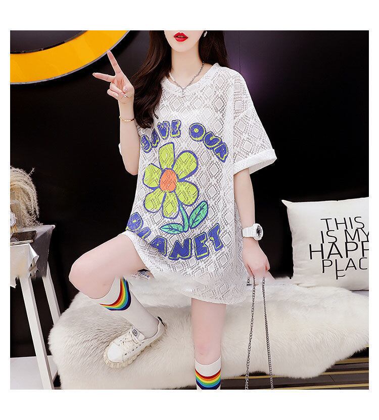 【半額！期間限定！！】新商品 切り替え 一目惚れ 透かし彫り プリント Tシャツ カットソー＜F-8523＞