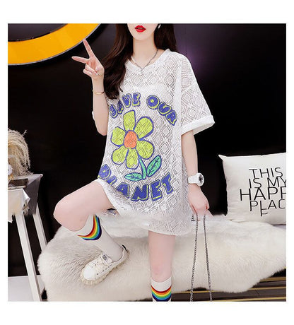 【半額！期間限定！！】新商品 切り替え 一目惚れ 透かし彫り プリント Tシャツ カットソー＜F-8523＞