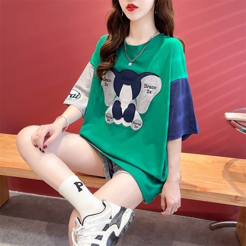 気質漫画カラーマッチング偽ツーピース半袖Tシャツ<F-2997>
