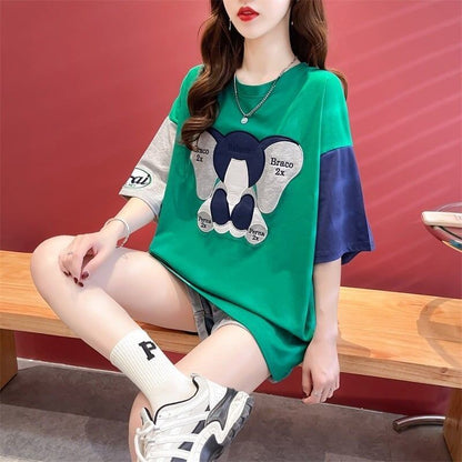 気質漫画カラーマッチング偽ツーピース半袖Tシャツ<F-2997>