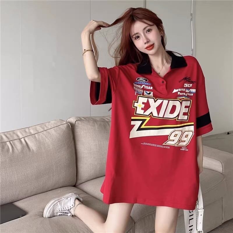 韓国系   POLOネック ロング Tシャツ 三色 ゆったりワンピース＜F-4025＞