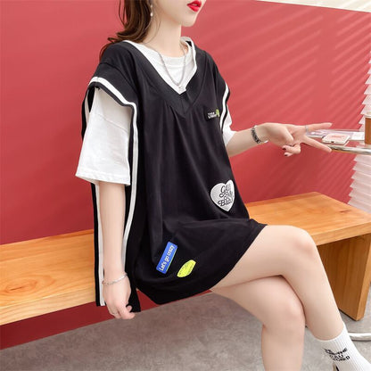 おすすめ アバンギャル 大活躍 ドレイヤード風 切り替え 全2色 半袖TシャツF-8752