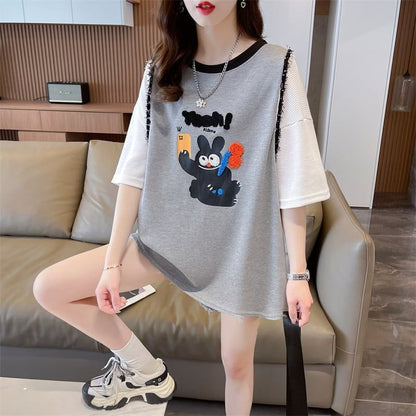 ワッフルフェイクツーピース漫画立体刺繍半袖Tシャツ<F-2871>