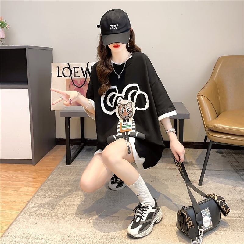 気質ルーズ漫画プリントミッドレングス半袖Tシャツ<F-3026>