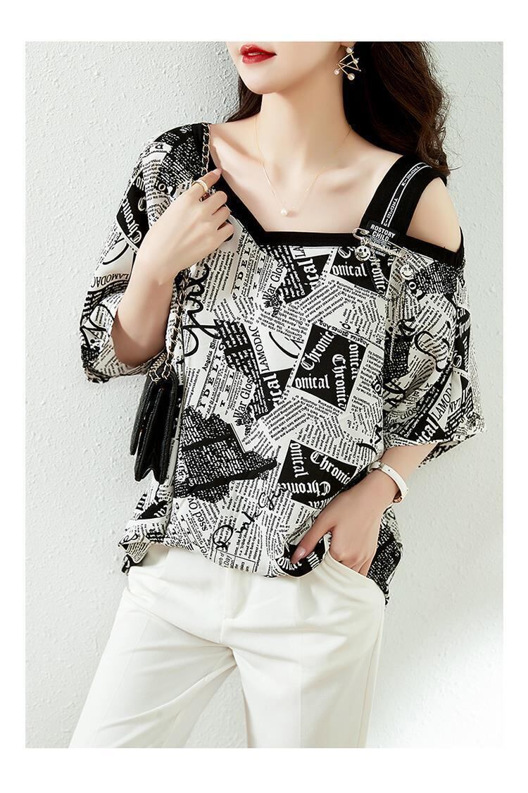 【半額！期間限定！！】絶対流行 特別デザイン 個性派 シフォン プリント 半袖Tシャツ＜F-8610＞