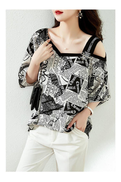 【半額！期間限定！！】絶対流行 特別デザイン 個性派 シフォン プリント 半袖Tシャツ＜F-8610＞