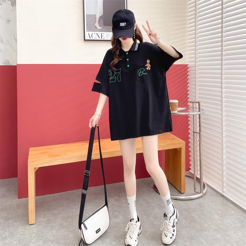 POLOネック   ベアー ロング Tシャツ 三色 ゆったりワンピース＜F-3991＞