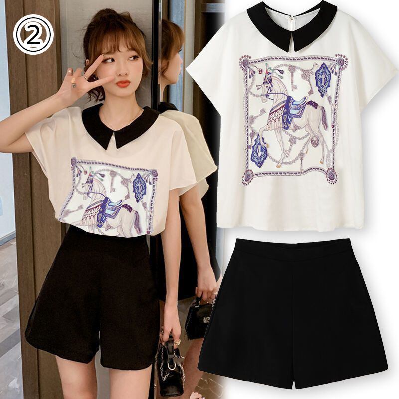 美人度アップ シフォン スウィート 半袖 Tシャツ ショートパンツ セットアップ ＜F-9234＞