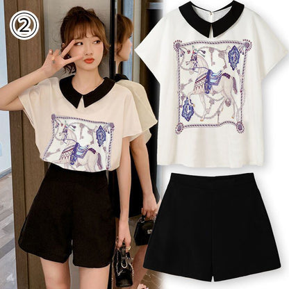 美人度アップ シフォン スウィート 半袖 Tシャツ ショートパンツ セットアップ ＜F-9234＞