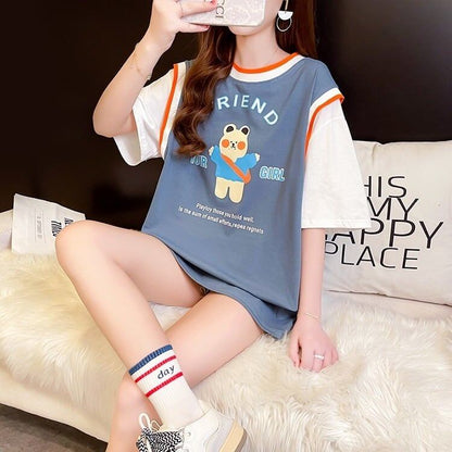 デザインセンス漫画フェイクツーピース半袖Tシャツ<F-3037>
