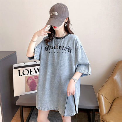 人気商品再入荷 アバンギャルド 着回し力抜群 ルーズ デニム 半袖TシャツF-8804