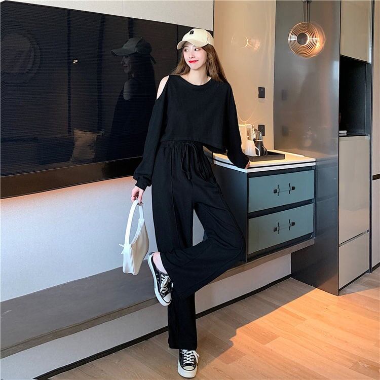 韓国風ファッション カジュアル ?感?佳 全2色 長袖Tシャツ＆ハイウエストワイドレッグパンツのセットアップF-9103