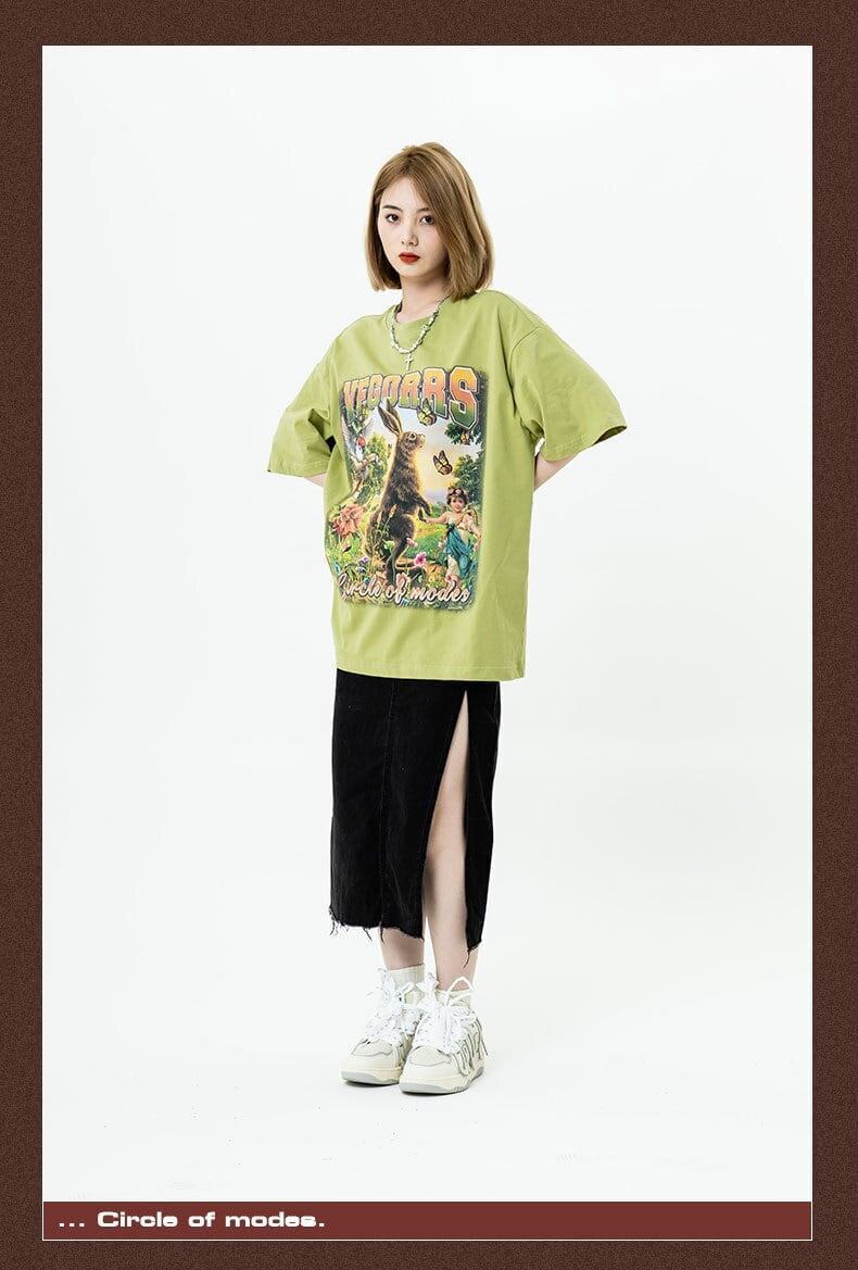 アメリカンレトロ絵画ウサギ半袖Tシャツカップル男女同スタイル<F-2910>