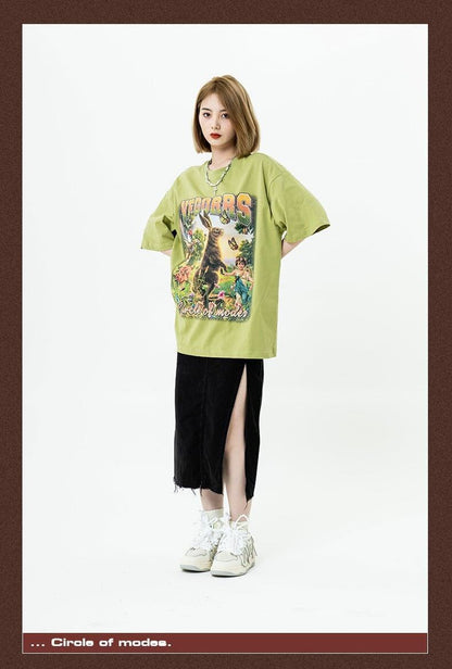 アメリカンレトロ絵画ウサギ半袖Tシャツカップル男女同スタイル<F-2910>