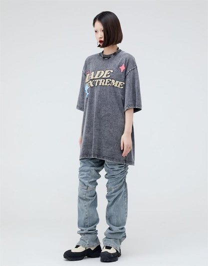 ストリートトレンドのレターファンプリント半袖Tシャツ<F-2906>