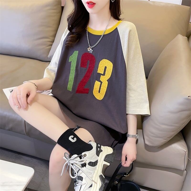 絶対欲しい カラーマッチング 数字刺? ロング Tシャツ ゆったり 半袖 ＜F-2896＞