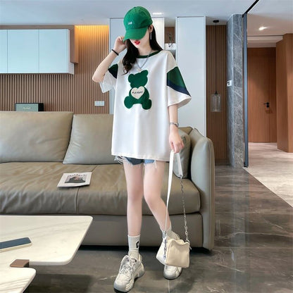 カジュアルルーズワッペン刺繍ステッチカラーブロック半袖Tシャツ<F-2870>