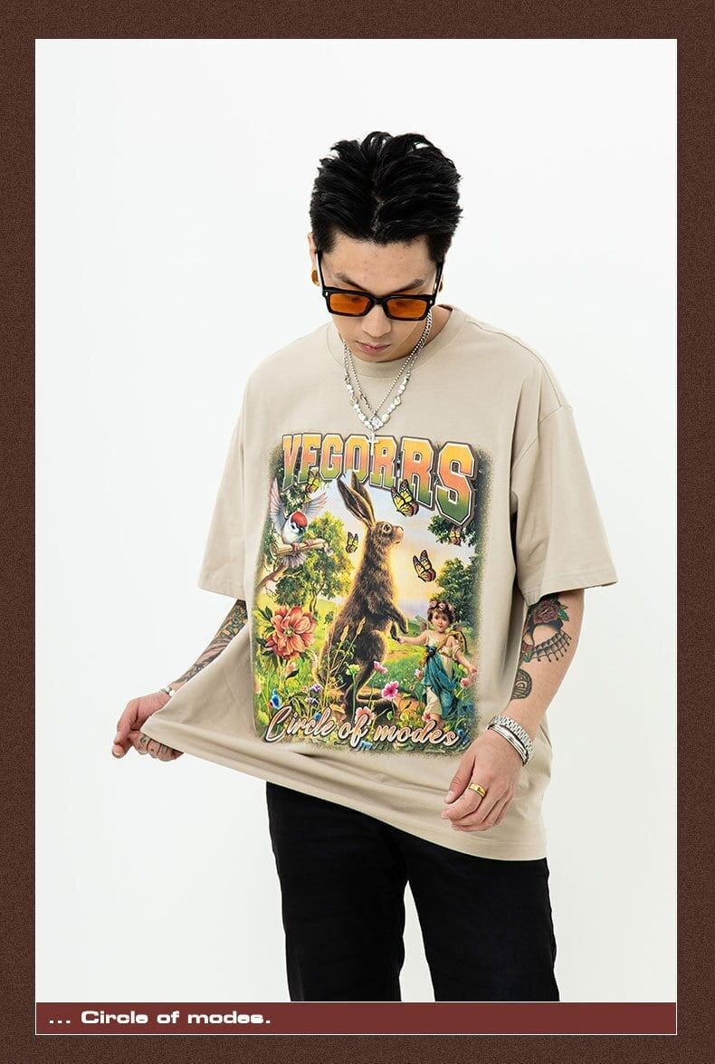 アメリカンレトロ絵画ウサギ半袖Tシャツカップル男女同スタイル<F-2910>
