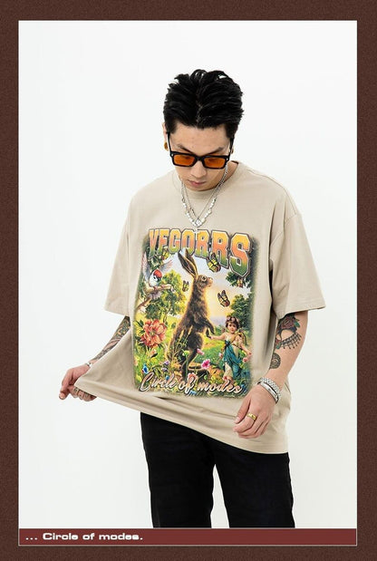 アメリカンレトロ絵画ウサギ半袖Tシャツカップル男女同スタイル<F-2910>