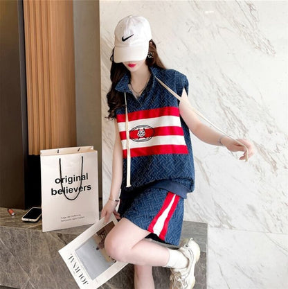 【半額！期間限定！！】絶対流行 デニム 個性派 切り替え 半袖Ｔシャツⅹパンツセット<F-8468>