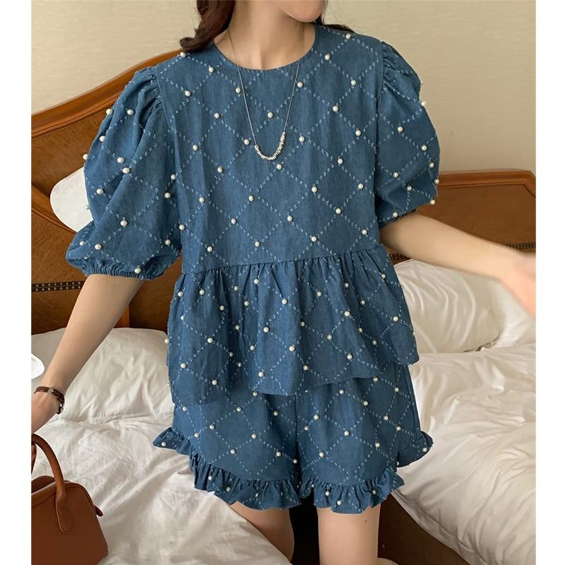 定番シンプル ファッション 個性派 デニム 半袖Ｔシャツⅹパンツセット<isf-11702>