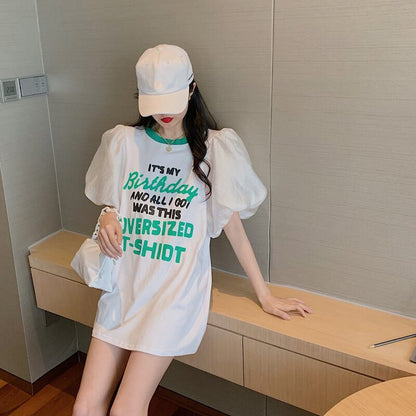 話題沸騰中 パフスリーブ ファッション プリント 全2色 半袖 Tシャツ <F-8662>