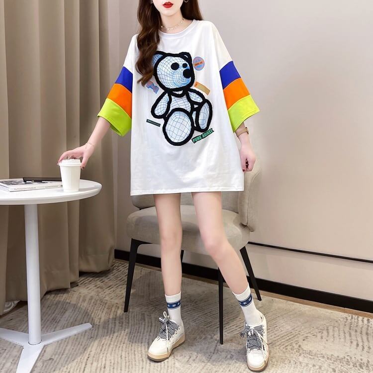 超人気商品   ベアー柄 プリント ロング Tシャツ ゆったりワンピース ＜F-4024＞