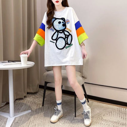 超人気商品   ベアー柄 プリント ロング Tシャツ ゆったりワンピース ＜F-4024＞