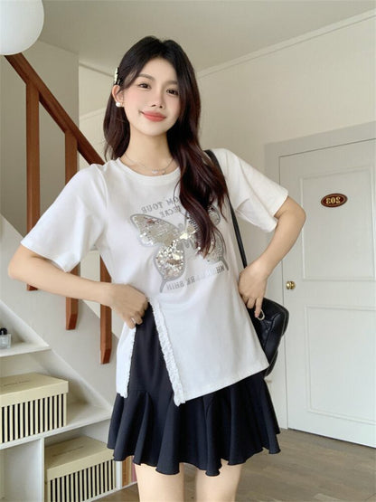 絶対欲しい キュート 超人気 ピンク プリント スパンコール 3色選択 半袖Tシャツ＜F-8570＞