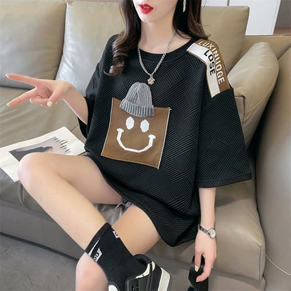 エレガントな立体ジャガードルーズウールパッチステッチ半袖Tシャツ<F-2901>