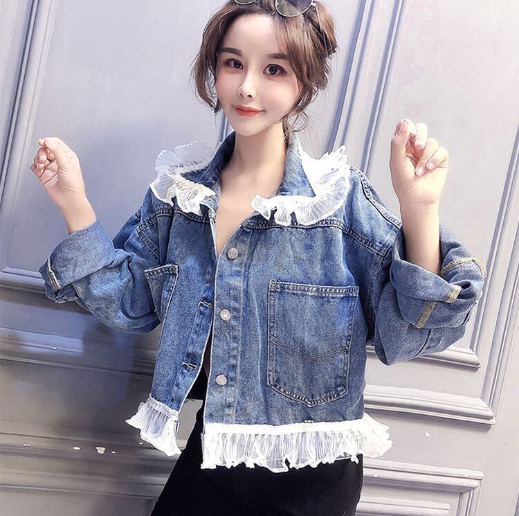 好感度UP スウィート ファッション レース フリル 切り替え デニム ジャケット<F-9059>