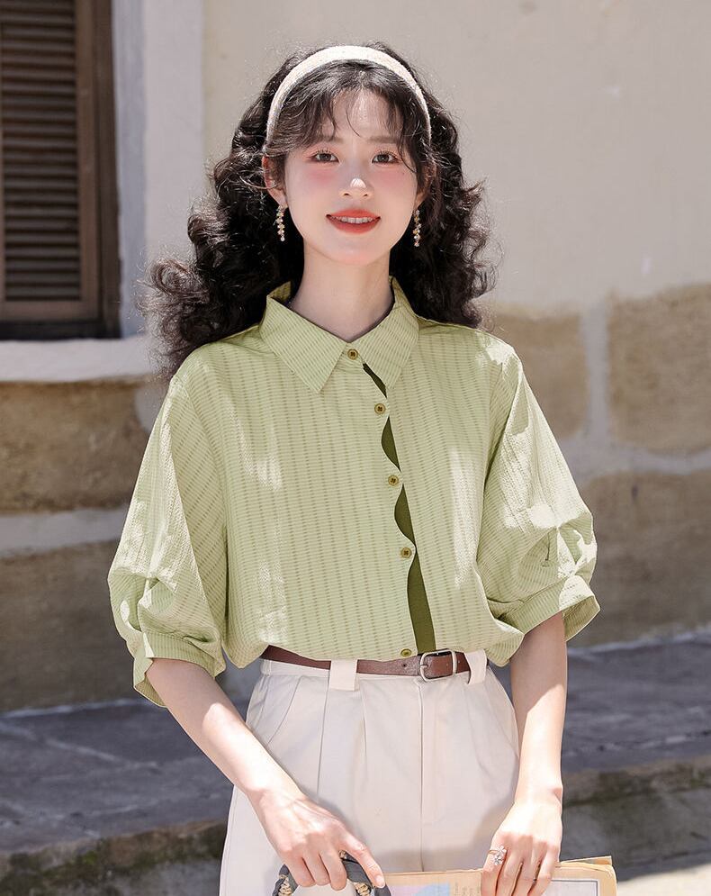 好感度UP 上質 美人度アップ 知的 ストライプ柄 3色選択 半袖シャツ＜F-9047＞