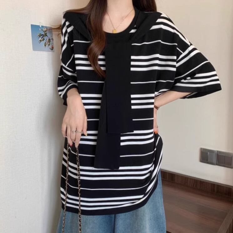超人気 レイヤード風 カジュアル ストライプ柄 ゆったり 半袖 Tシャツ＜F-8797＞