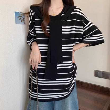 超人気 レイヤード風 カジュアル ストライプ柄 ゆったり 半袖 Tシャツ＜F-8797＞