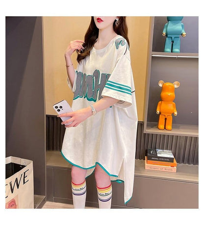 おしゃれ度アップ アルファベット フィッシュテール プリントTシャツ ゆったり半袖＜F-3012＞