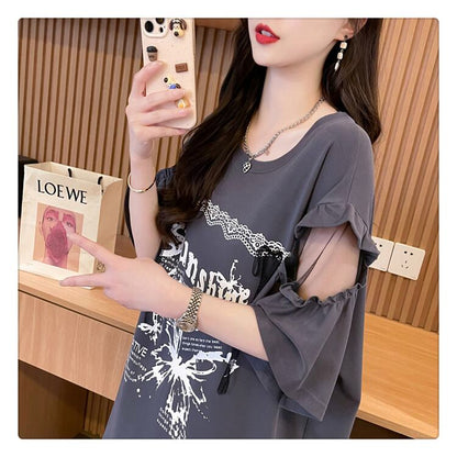話題沸騰中 切り替え スウィートプリント 全2色 半袖Tシャツ ＜F-8652＞