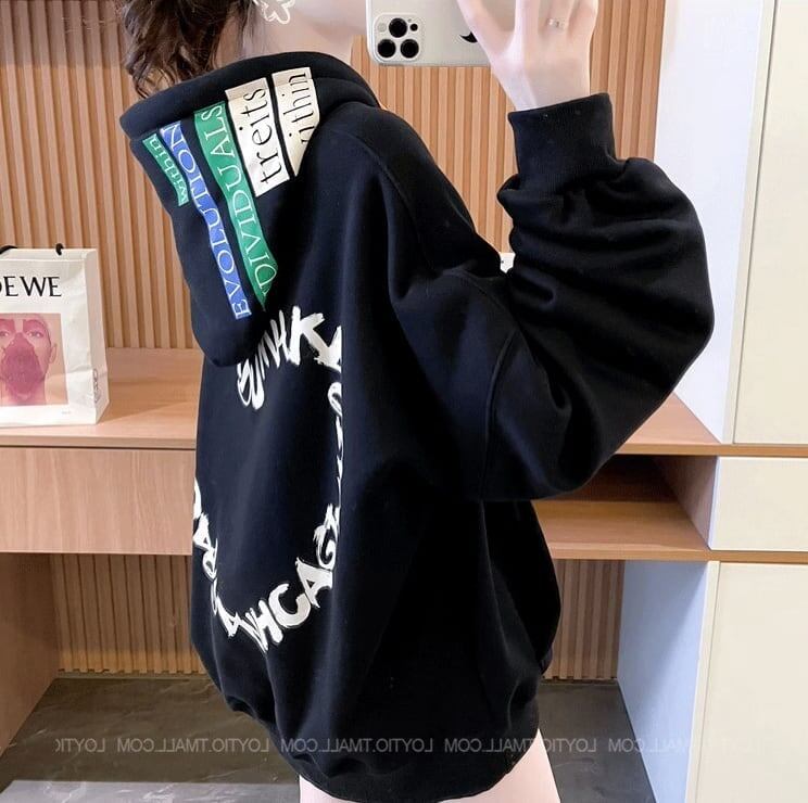 韓国系ハートマークプリントフード付きパーカー三色あり＜F-4143＞