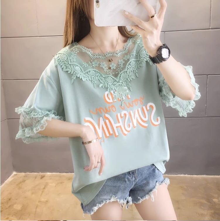 エレガントなレースステッチ半袖Tシャツ<F-3030>